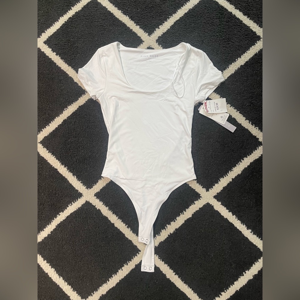 Pink Rose White Square Neck Bodysuit